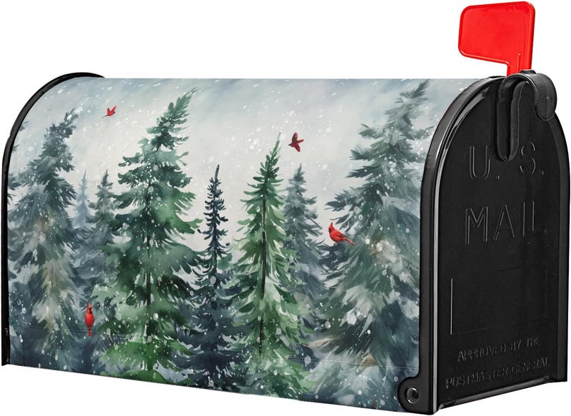 Granbey Winter Watercolor Tree Magnetic Mailbox Cover Large Size 25.5x21 Inch Christmas Dark Green Pine Trees Mail Box Post Cover Rustic Forest Red Bird Letter Box Wraps for Home Outdoor Garden Yard Decor - Image 3